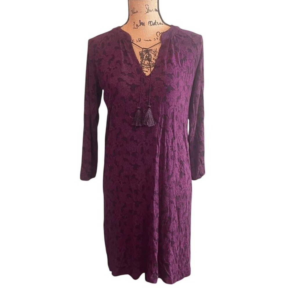 Banana Republic Women's Floral Tassel Long Sleeve‎ Shift Dress Purple Black XS